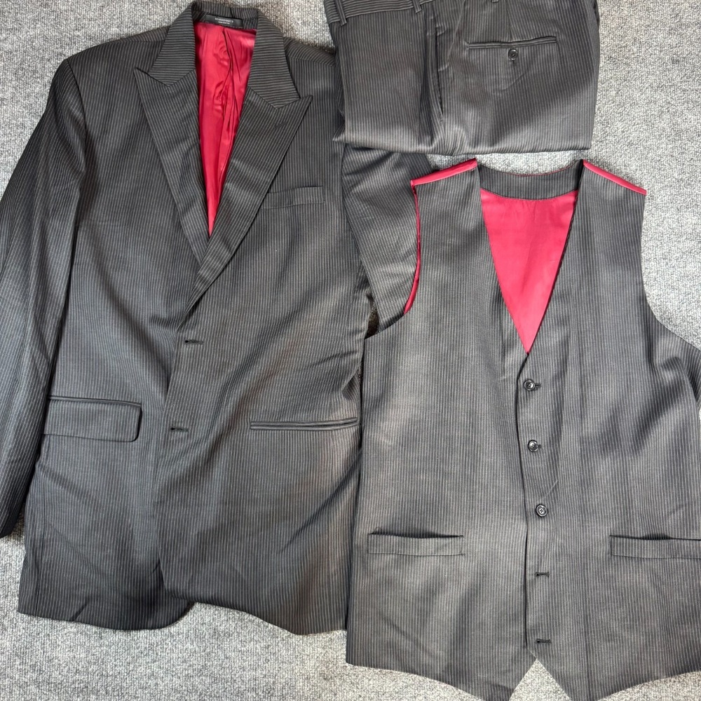 StudioSuits Men's Black 3 Piece Suit Set Blazer Vest Pants Solid 48R 40/30